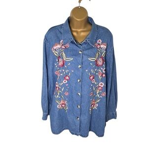 Vintage 90s BFA Classics Denim Shirt Embroidered Floral Button Down Blue 1X
